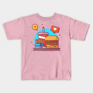 Burger, Soft Drink, French Fries, And Sauce With Love Bubble Speech Cartoon Kids T-Shirt